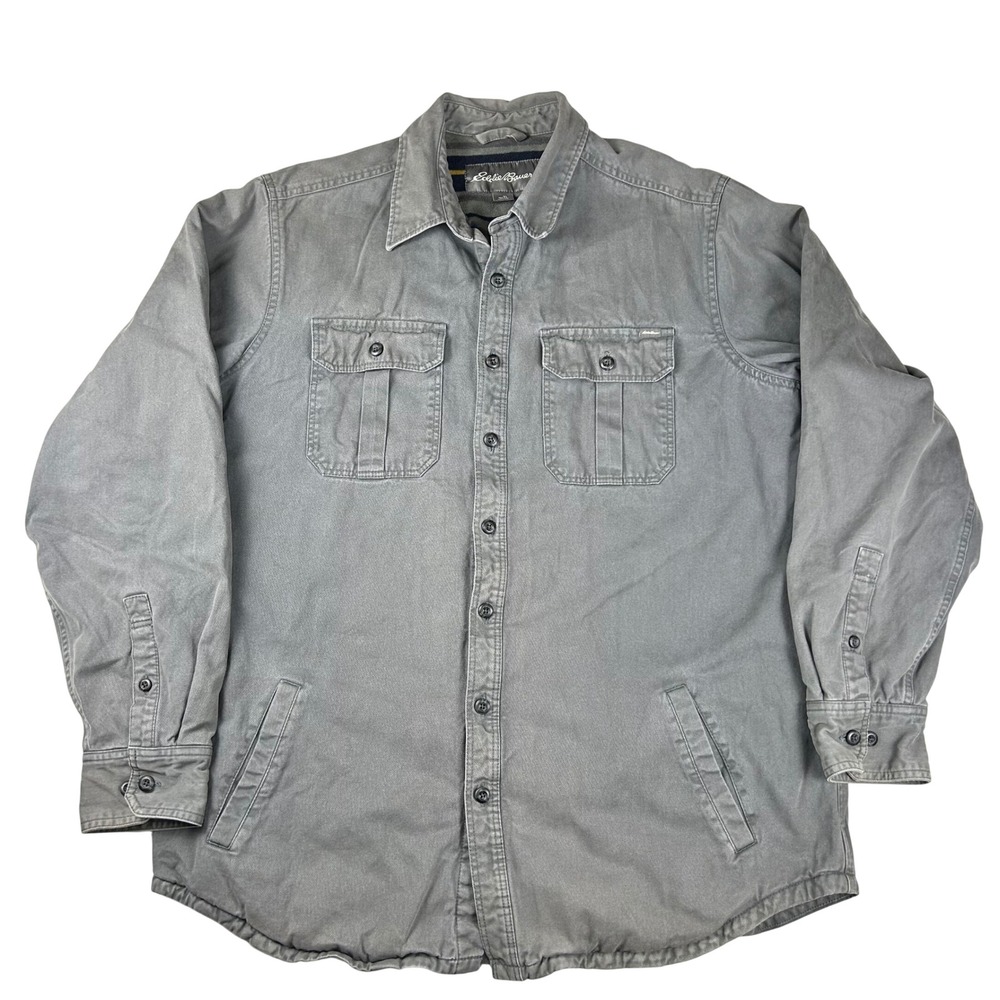Eddie‎ Bauer Mens Tall Fleece Lined Cotton Twill Shirt Jacket Grey Stripe TL - Picture 2 of 14